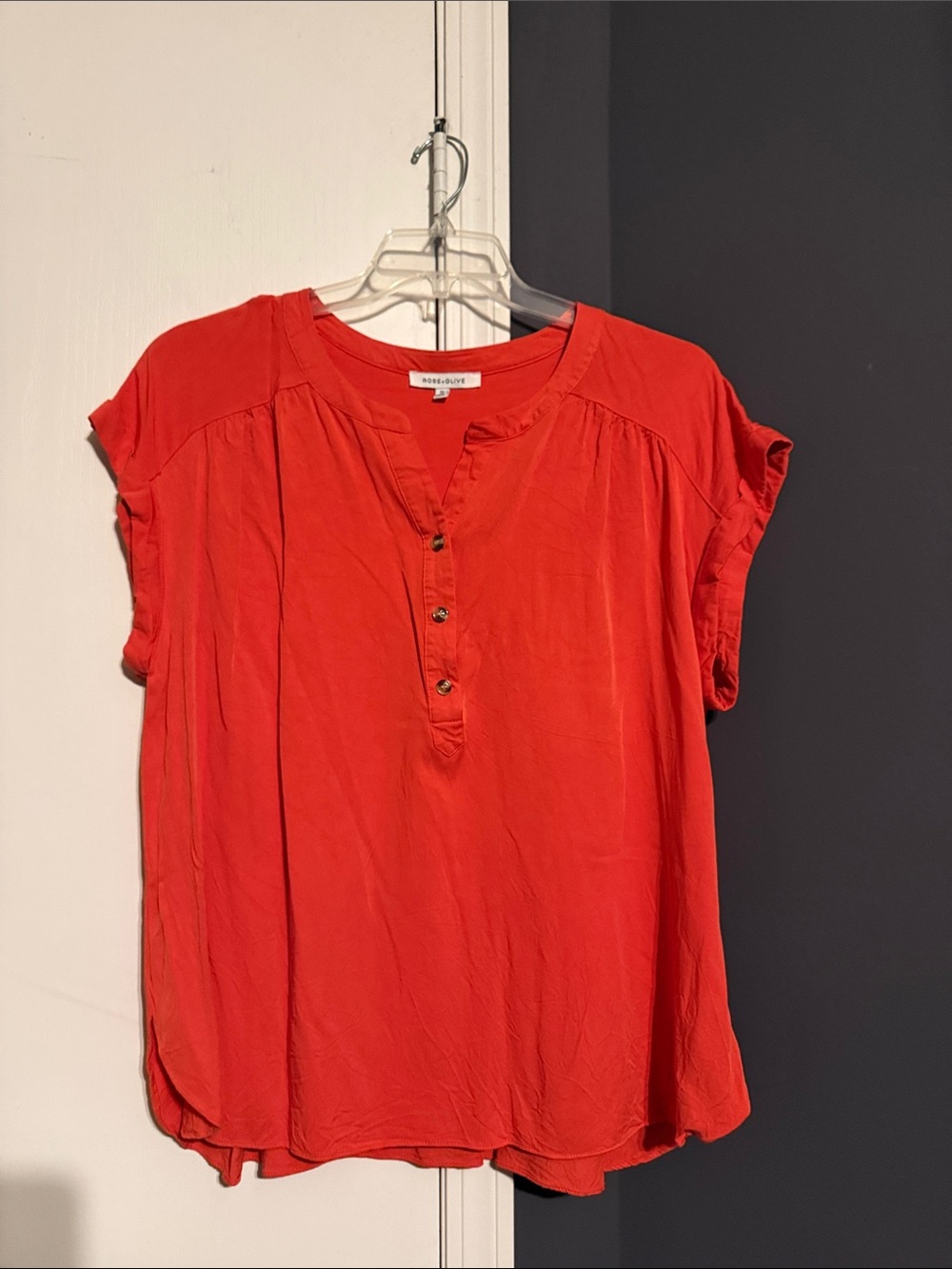 Rose & Olive Coral-Red Short Sleeve Henley Blouse